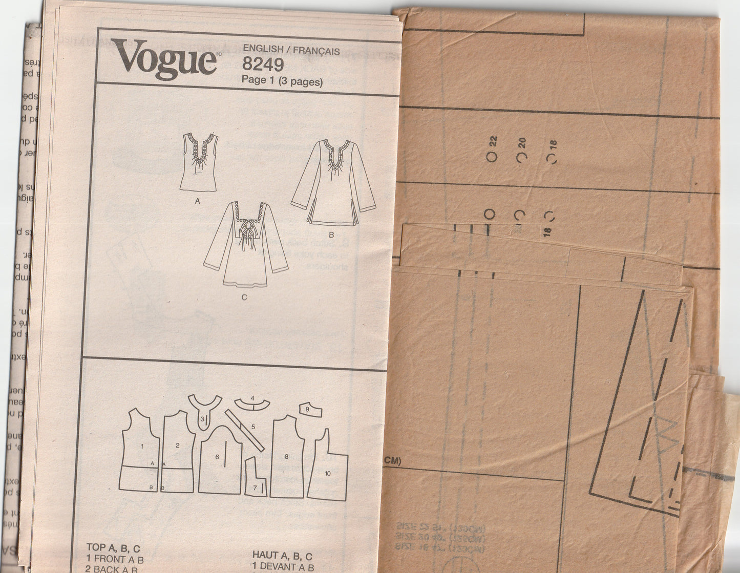 Vogue 8249 Womens Caftan Style Pullover Tunic Tops Out Of Print Paper Sewing Pattern Size 18 - 22 UNCUT Factory Folded