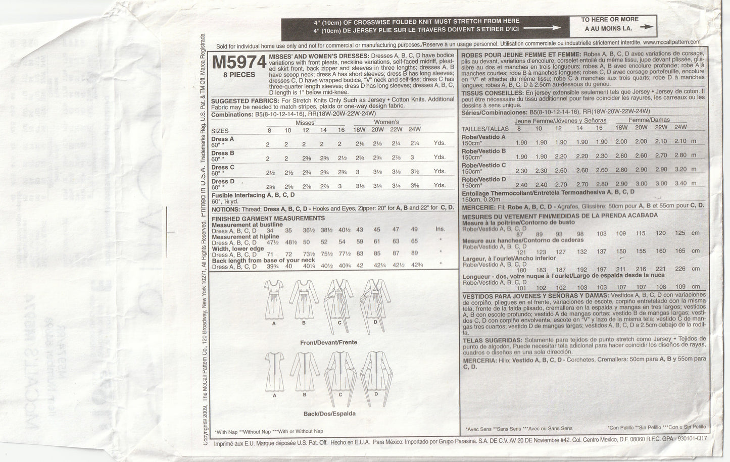 McCall's 5974 PALMER PLETSCH Womens Perfect Knit Dress with Bodice Variations Out Of Print Paper Sewing Pattern Size 18W - 24W UNCUT Factory Folded