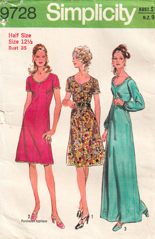 Simplicity 9728 Womens Half Size Dress with Sweetheart Neckline 1970s Vintage Paper Sewing Pattern Bust 35 inches