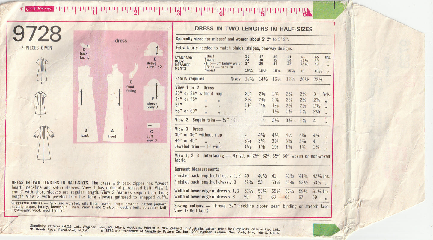 Simplicity 9728 Womens Half Size Dress with Sweetheart Neckline 1970s Vintage Paper Sewing Pattern Bust 35 inches