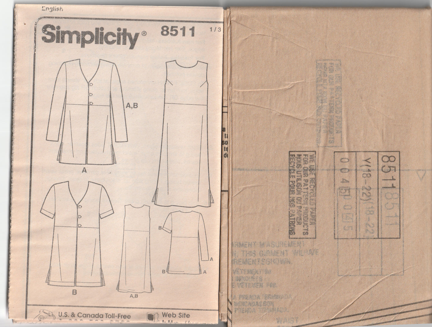 Simplicity 8511 Womens EASY Colour Block Dress & Jacket Out Of Print Paper Sewing Pattern Sizes 14 - 18 UNCUT Factory Folded