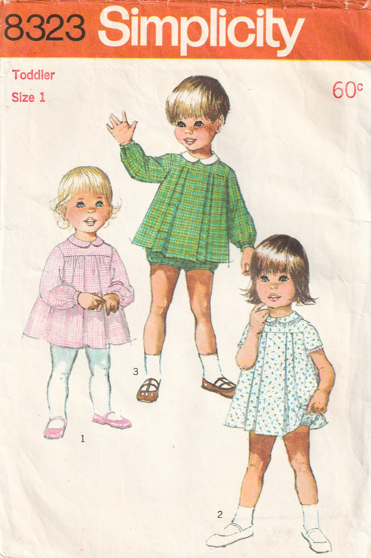 Simplicity 8323 Toddler Girls Puff Sleeved Yoked Pleated Smock Dress Top & Bloomers 1960s Vintage Paper Sewing Pattern Size 1