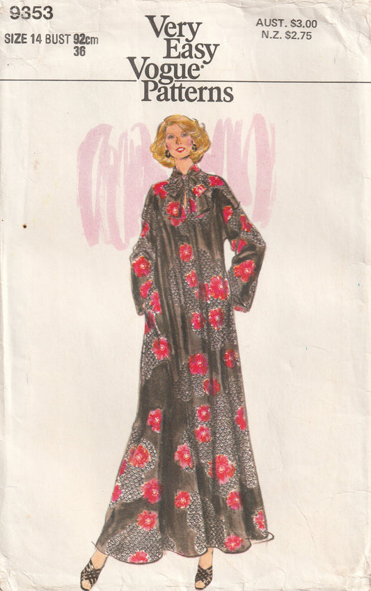 Very Easy Vogue 9353 Womens Full Length Caftan 1970s Vintage Sewing Pattern Size 14 Bust 36 Inches UNCUT Factory Folded