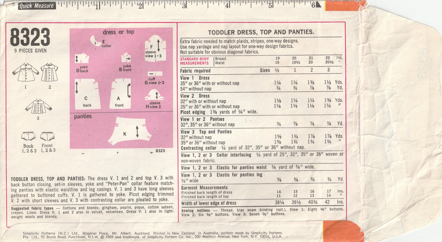 Simplicity 8323 Toddler Girls Puff Sleeved Yoked Pleated Smock Dress Top & Bloomers 1960s Vintage Paper Sewing Pattern Size 1