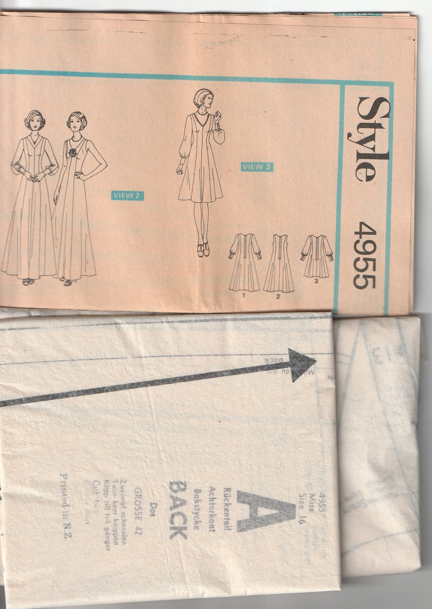 Style 4955 Womens Full Sleeved Fit & Flared Evening Dress 1970s Vintage Paper Sewing Pattern Bust 38 or 48 & 50 inches