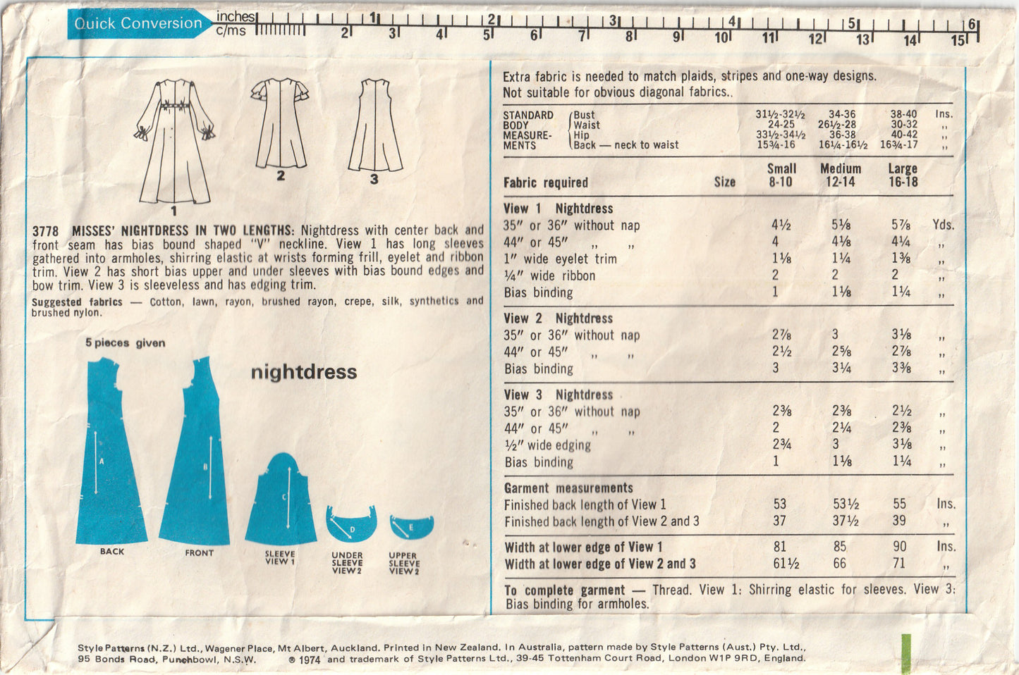 Style 3778 Womens Smock Nightgown in 2 Lengths with Sleeve Variations 1970s Vintage Paper Sewing Pattern Size SMALL 8 - 10