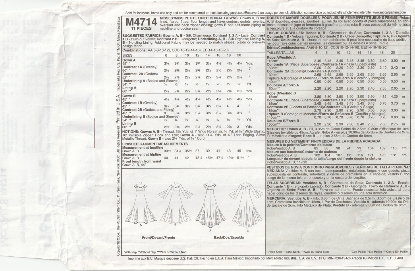 Patrón de costura agotado para vestido de novia de mujer McCall's 4714 ALICYN con hombros descubiertos y falda Godets, talla 14-20, sin cortar, doblado de fábrica