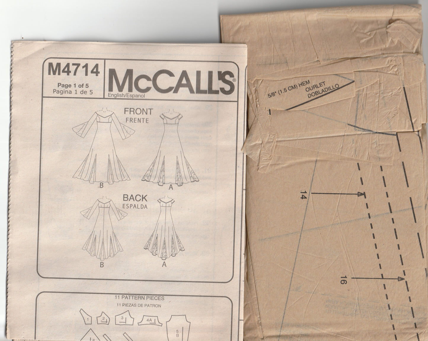 Patrón de costura agotado para vestido de novia de mujer McCall's 4714 ALICYN con hombros descubiertos y falda Godets, talla 14-20, sin cortar, doblado de fábrica