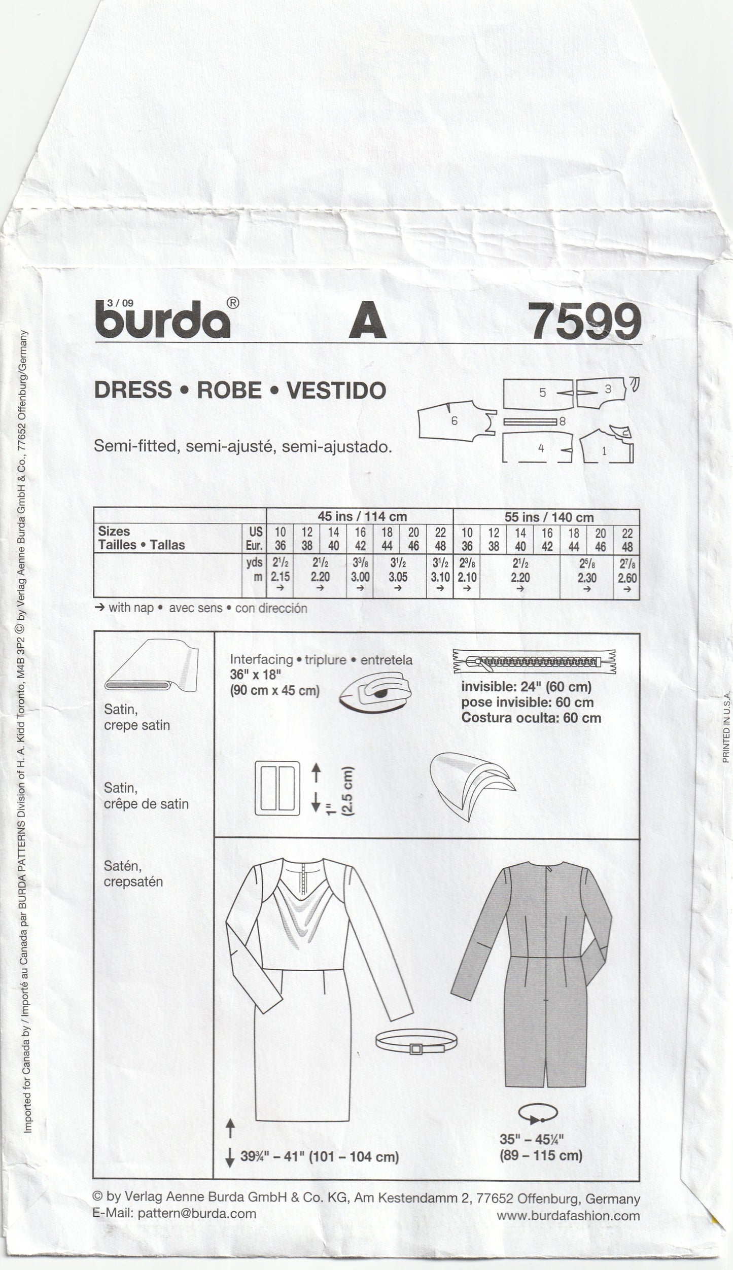 Burda 7599 Womens Sheath Dress with Draped Neckline Out Of Print Paper Sewing Pattern Sizes 10 - 22 UNCUT Factory Folded