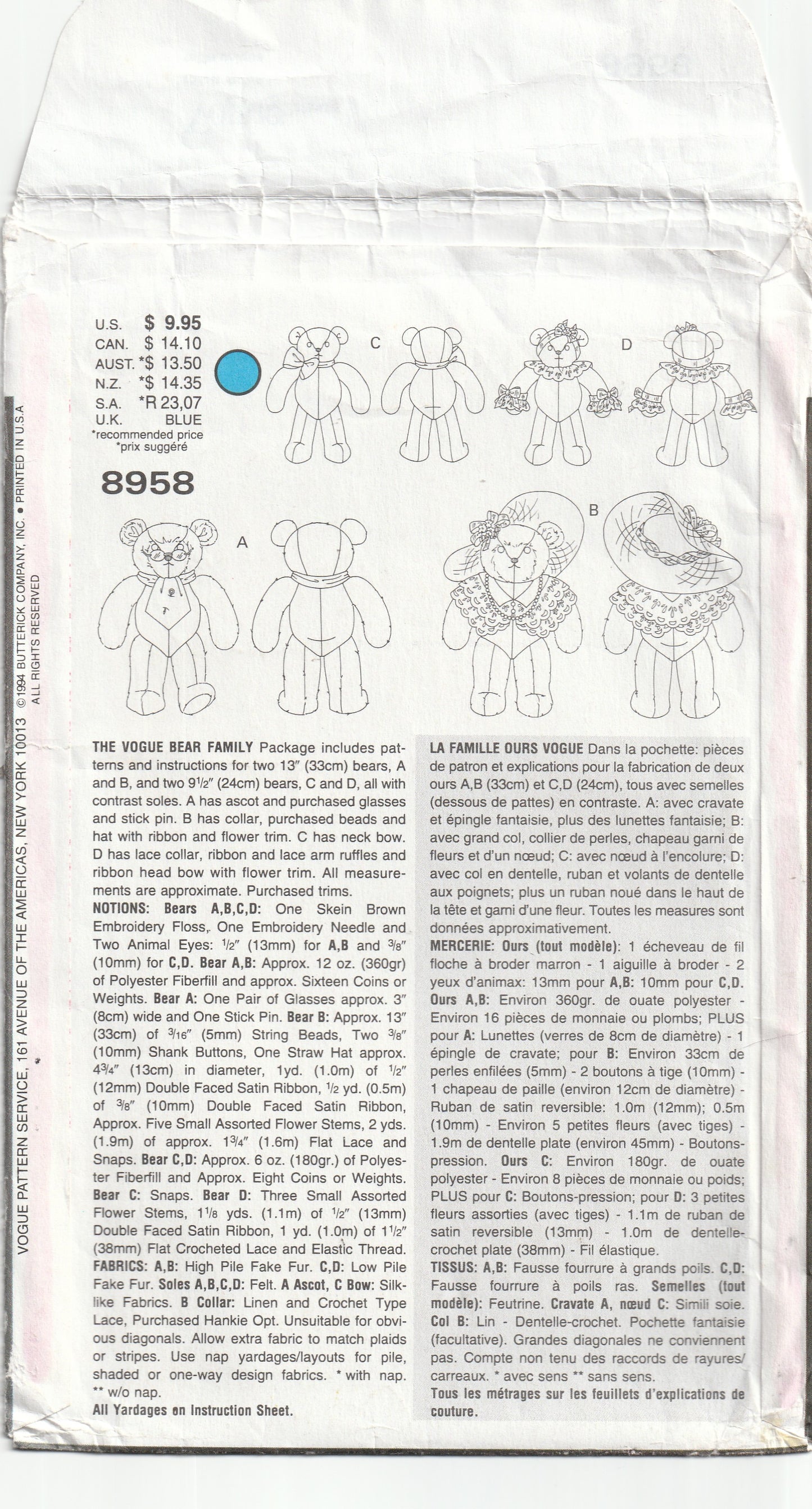 Vogue Craft 8958 LINDA CARR Stuffed Teddy Bears Out Of Print Paper Sewing Pattern UNCUT Factory Folded