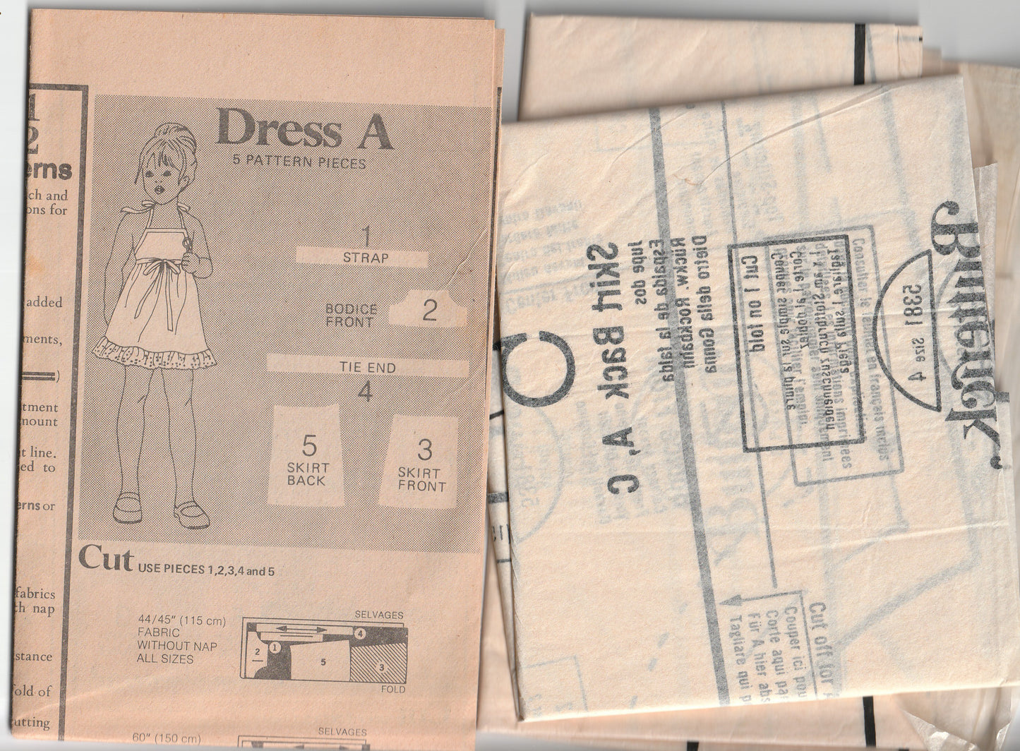 Butterick 5381 Toddler Girls High Waisted Ruffled Apron Dress 1970s Vintage Paper Sewing Pattern Size 4