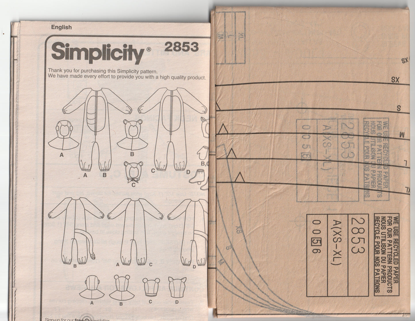 Simplicity 2853 UNISEX Adult Cat Gorilla Lion & Bear Furry Costume Cosplay Theatre Out Of Print Paper Sewing Pattern Size XS - XL UNCUT Factory Folded