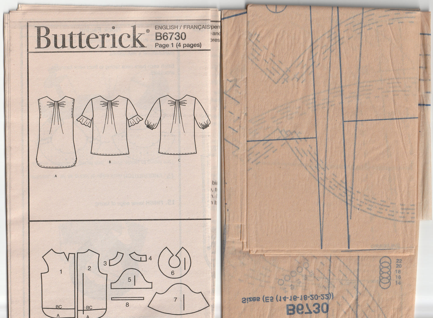 Butterick 6730 Womens Tops with Neckline Tucks Out Of Print Paper Sewing Pattern Sizes 14 - 22 UNCUT Factory Folded