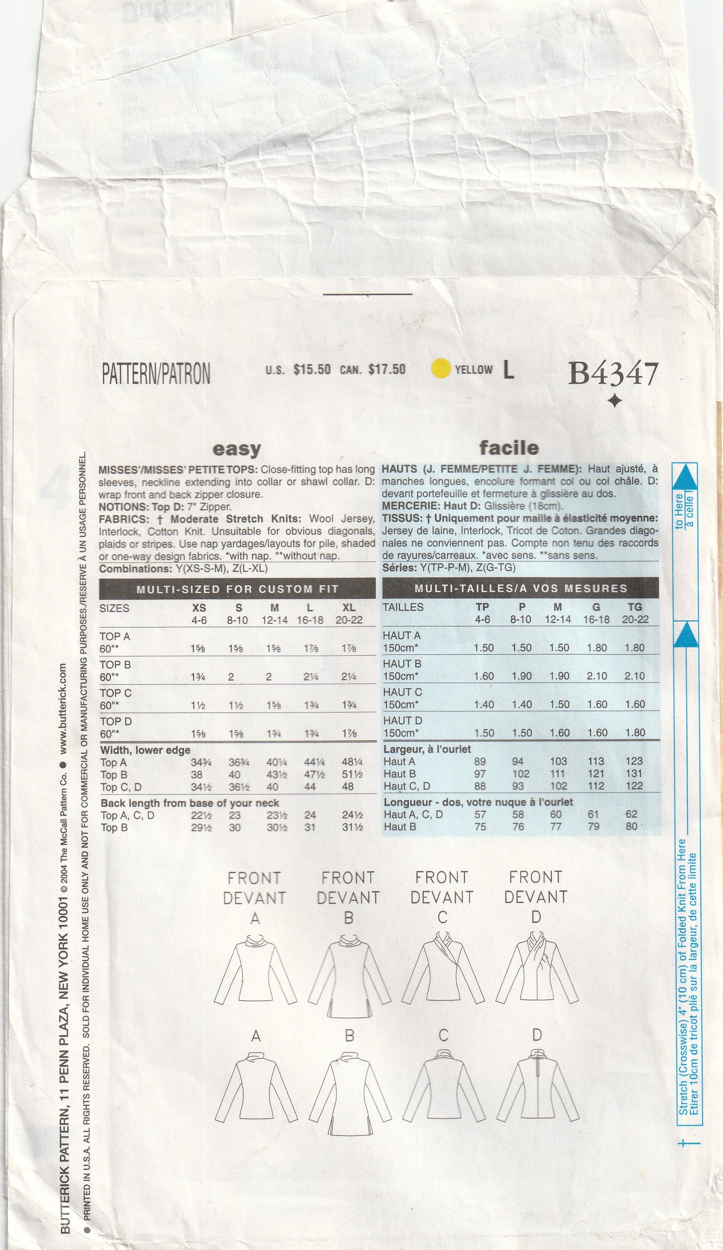 Butterick 4347 Womens Long Sleeved Stretch Knit Tops in 4 Styles Out Of Print Paper Sewing Pattern Sizes L-XL UNCUT Factory Folded
