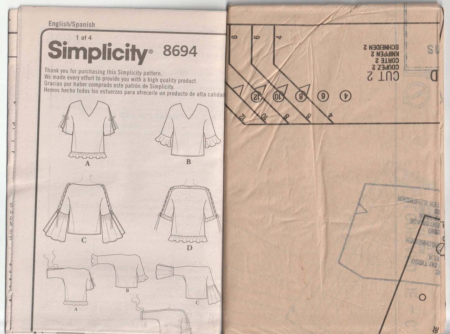 Simplicity 8694 Womens Flared Sleeved Tops Out Of Print Paper Sewing Pattern Size 4 - 12 UNCUT Factory Folded