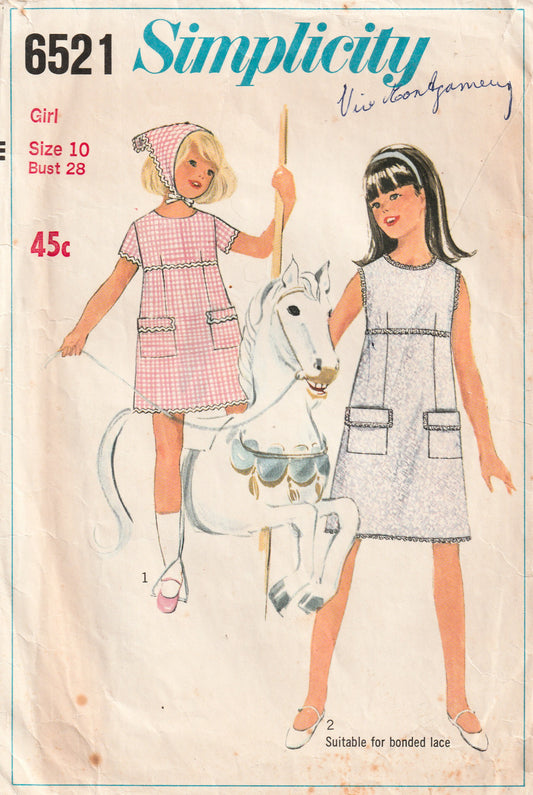 Simplicity 6521 Girls Classic Shift Dress & Scarf 1960s Vintage Paper Sewing Pattern Size 10