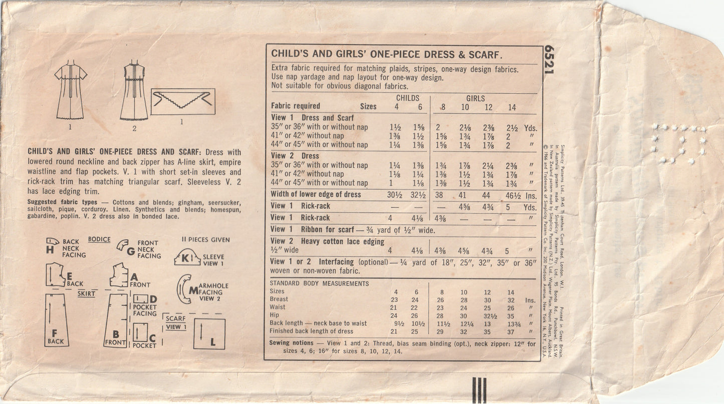 Simplicity 6521 Girls Classic Shift Dress & Scarf 1960s Vintage Paper Sewing Pattern Size 10