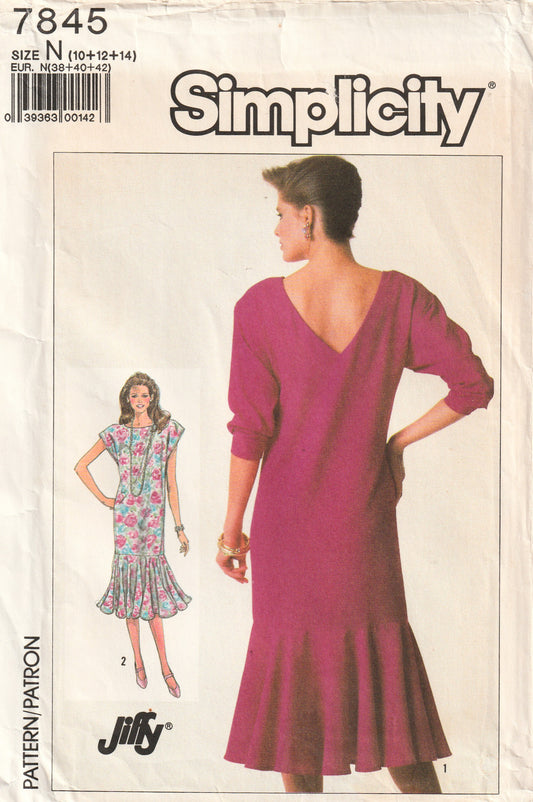 Simplicity 7845 Womens Pullover Dress with Flounced Hem & Tapered Sleeves 1980s Vintage Paper Sewing Pattern Size 10 - 14 UNCUT Factory Folded