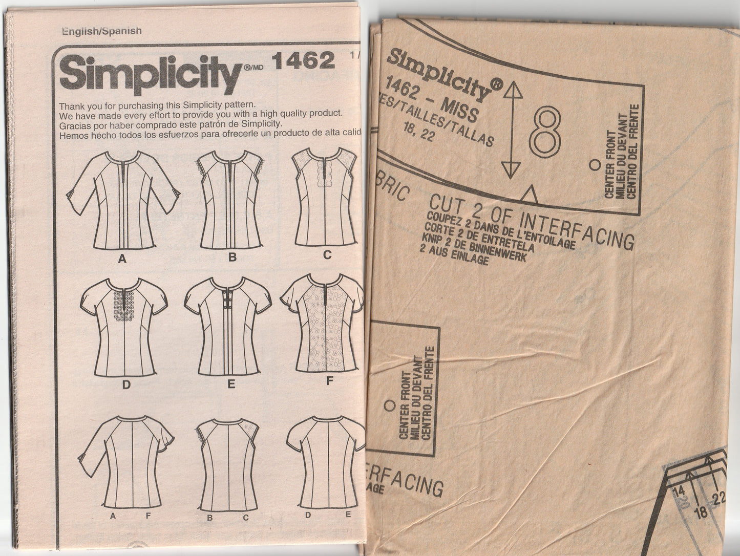 Simplicity 1462 Womens Raglan Sleeved Tops with Sleeve Variations Out Of Print Paper Sewing Pattern Size 14 - 22 UNCUT Factory Folded