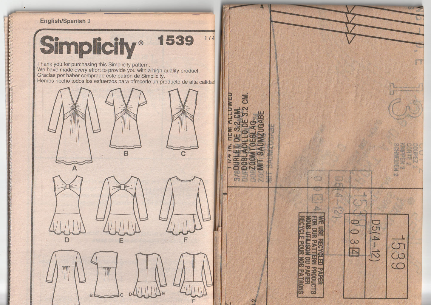 Simplicity 1539 Womens Stretch Knit Tunic Top & Peplum Tops Out Of Print Paper Sewing Pattern Size 4 - 12 UNCUT Factory Folded