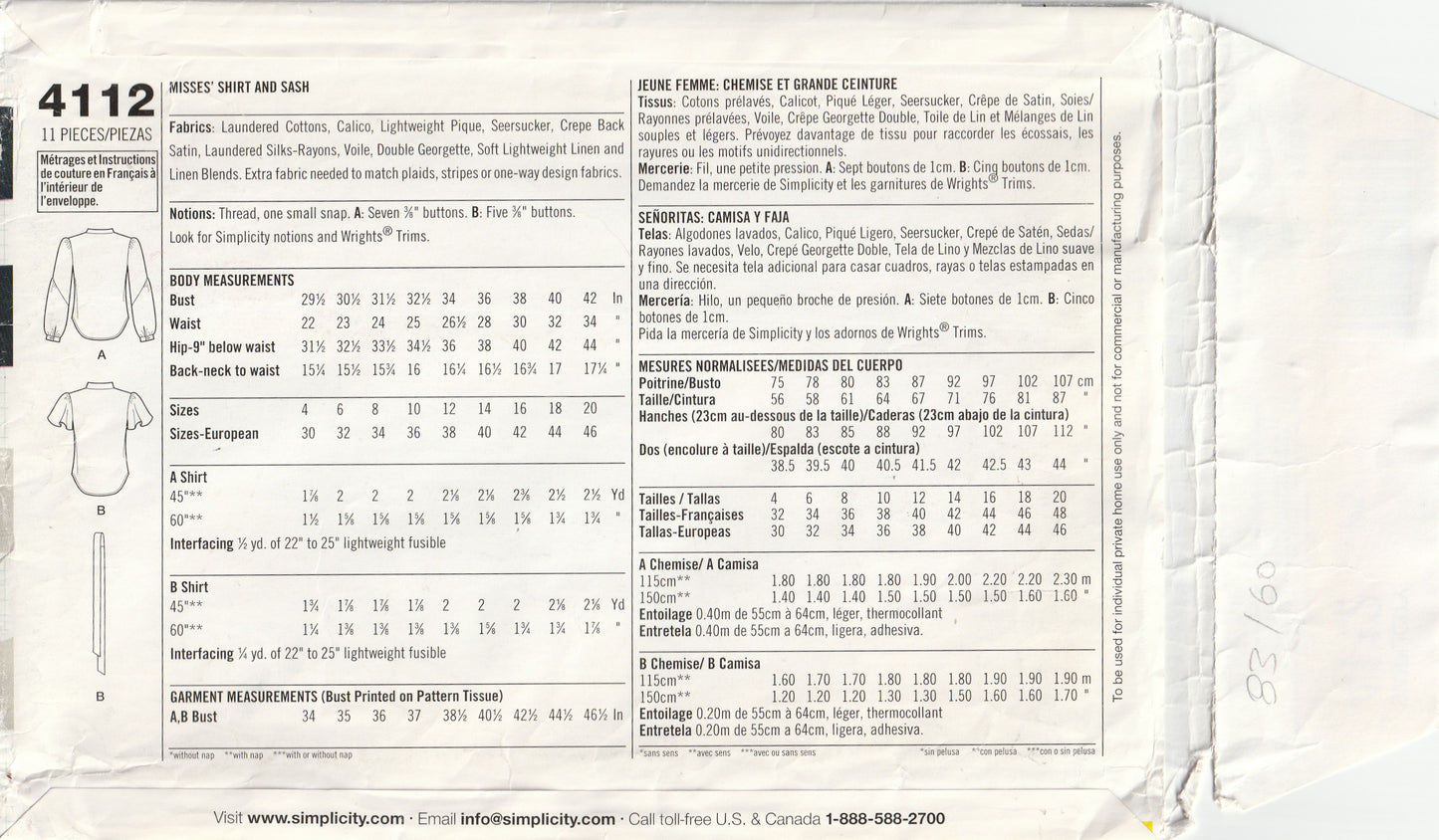 Simplicity 4112 BUILT BY WENDY Womens Shirts & Sash Out Of Print Paper Sewing Pattern Size 12 - 20 UNCUT Factory Folded
