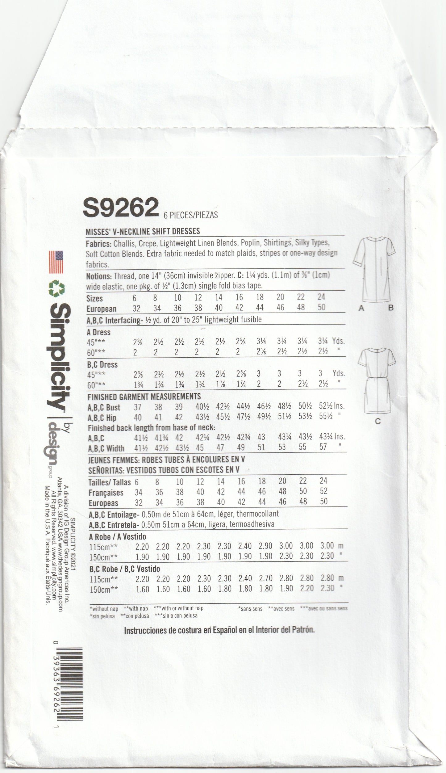 Simplicity 9262 Womens V Neck Shift Dress Paper Sewing Pattern Size 16 - 24 UNCUT Factory Folded