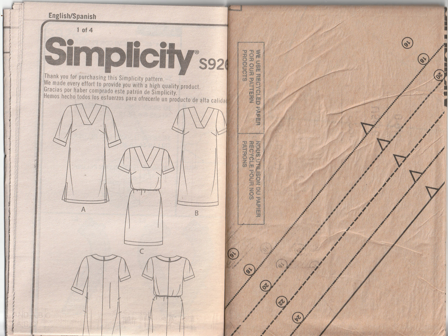Simplicity 9262 Womens V Neck Shift Dress Paper Sewing Pattern Size 16 - 24 UNCUT Factory Folded
