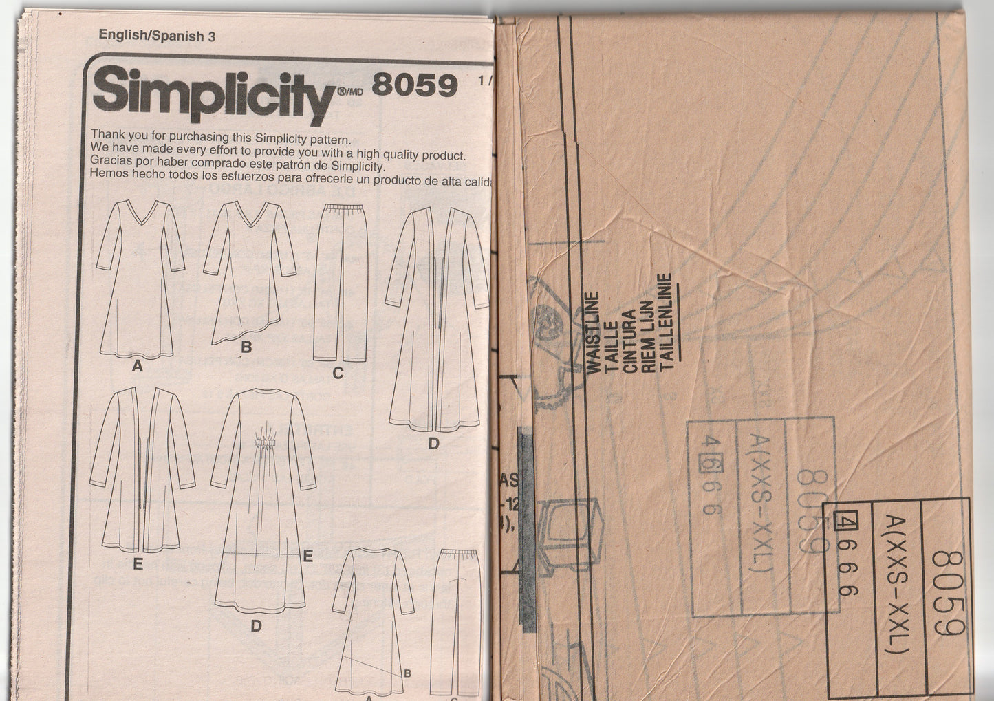 Simplicity 8059 Womens Duster Coat Cardigan Pants & Stretch Knit Asymmetric Top or Dress Out Of Print Paper Sewing Pattern Sizes XXS - XXL UNCUT Factory Folded