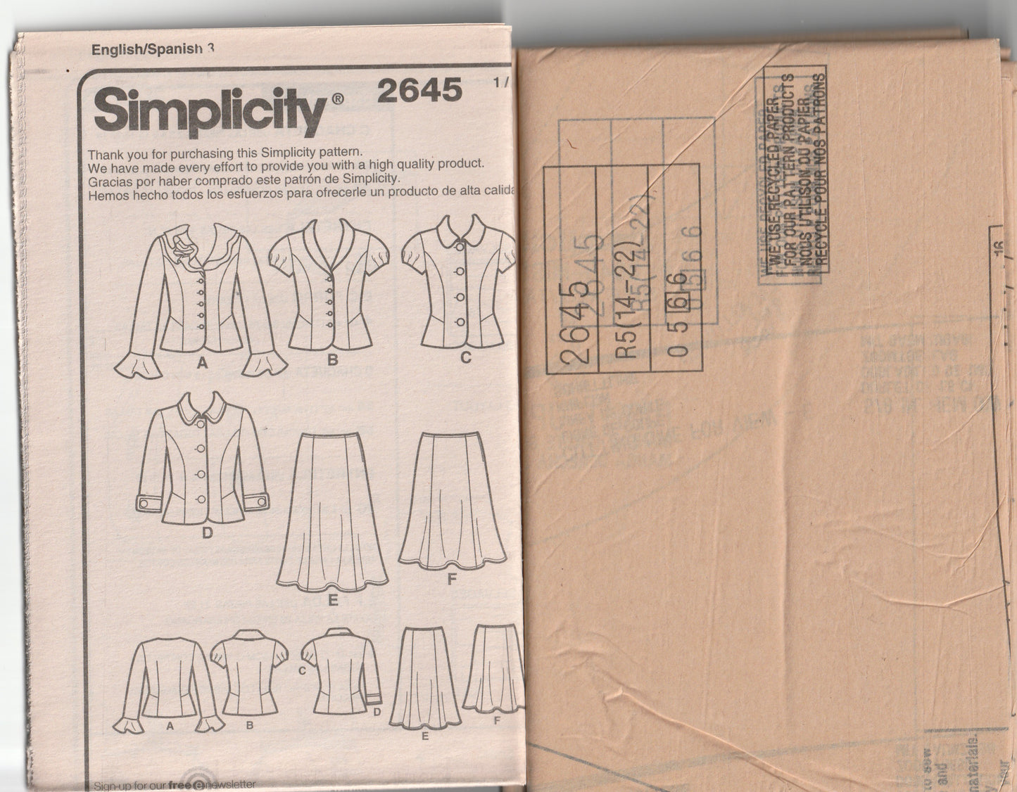 Simplicity 2645 THREADS COLLECTION Womens Jackets & Skirts Out Of Print Paper Sewing Pattern Size 14 - 22 UNCUT Factory Folded