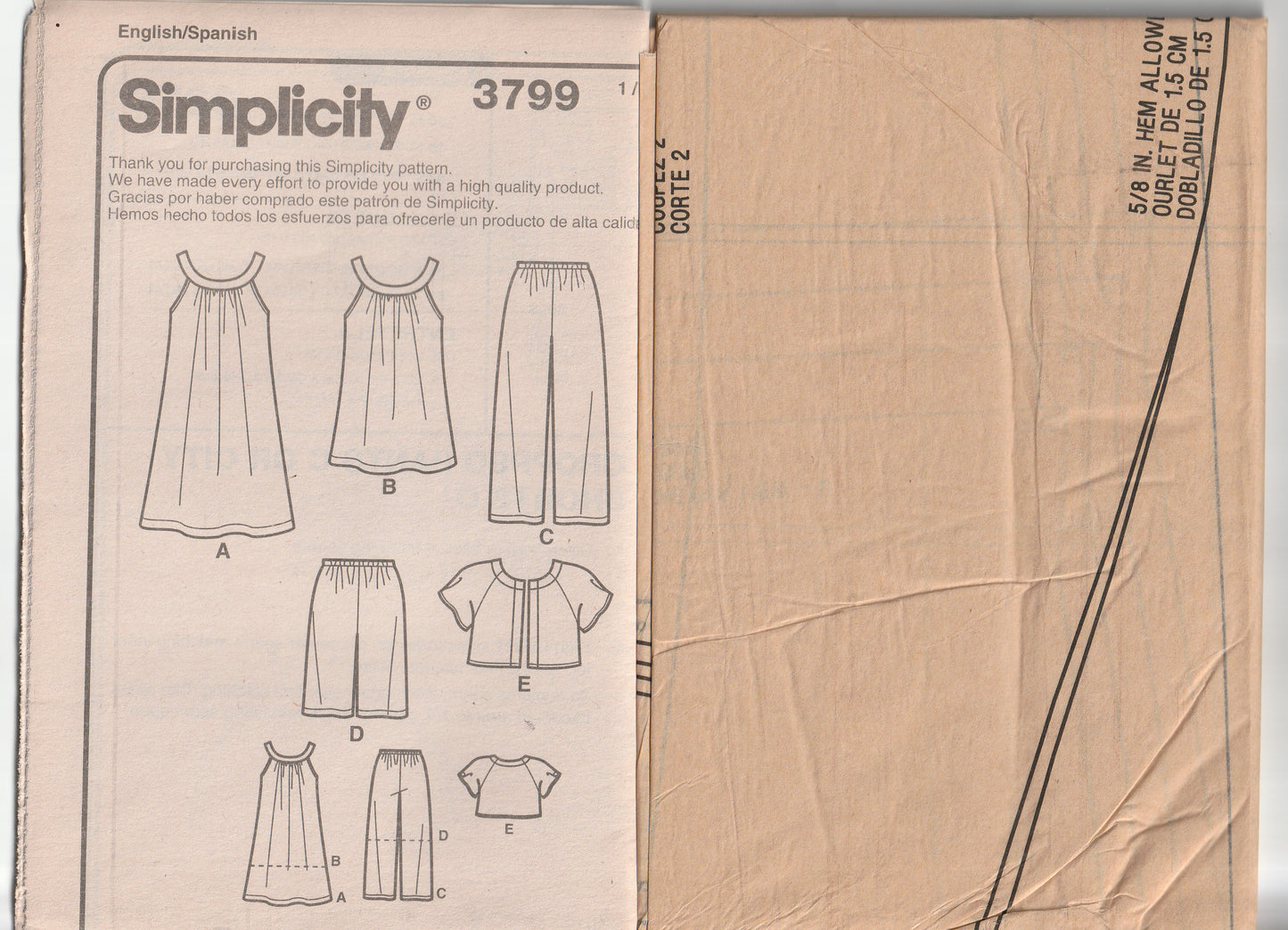 Simplicity 3799 Womens Pullover Dress Top Pants Shorts & Jacket Out Of Print Paper Sewing Pattern Size XXS - M UNCUT Factory Folded