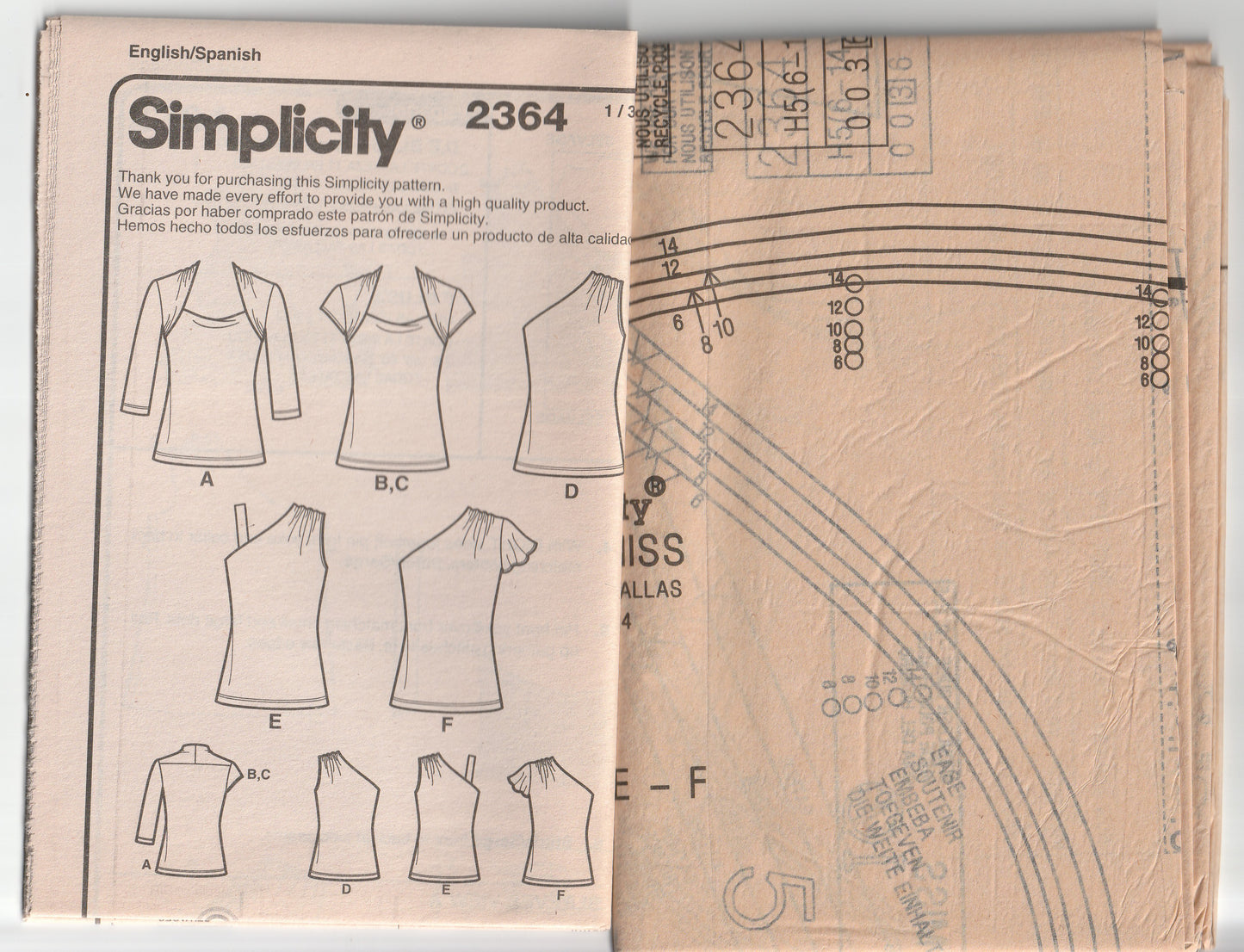 Patrón de costura para blusas elásticas para mujer Simplicity 2364 con variaciones en las mangas, talla 6 a 14, sin cortar, dobladas de fábrica