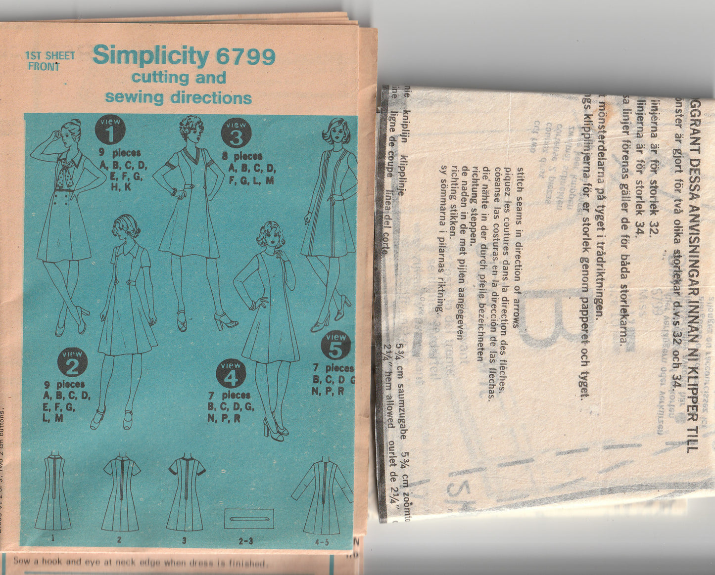 Simplicity 6799 Womens Fit & Flared Princess Dress 1970s Vintage Paper Sewing Pattern Size 10 & 12 Bust 32.5 & 34 Inches