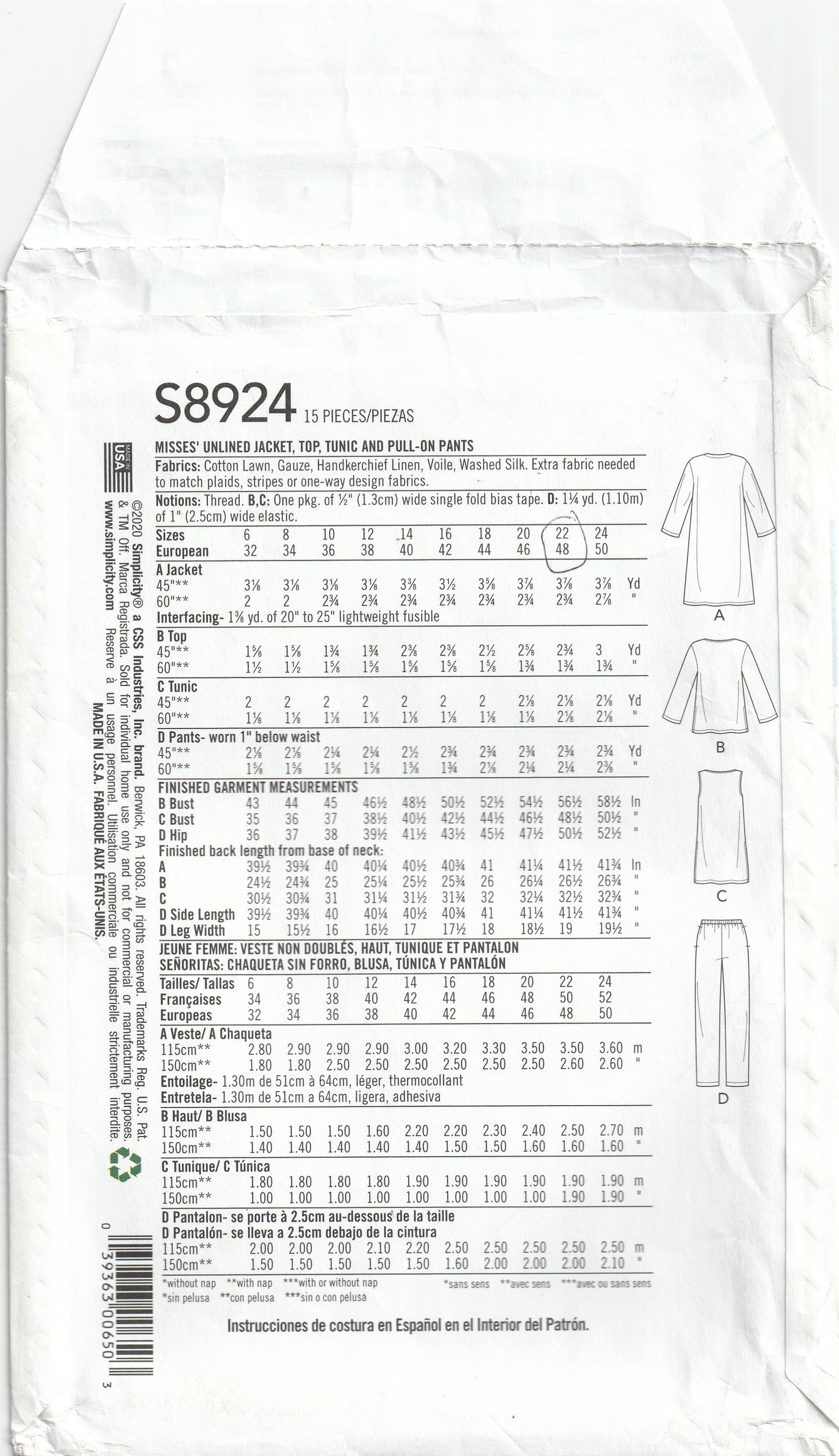 Simplicity 8924 EASY Womens Jacket Top Tunic & Pants Paper Sewing Pattern Size 16 - 24 UNCUT Factory Folded