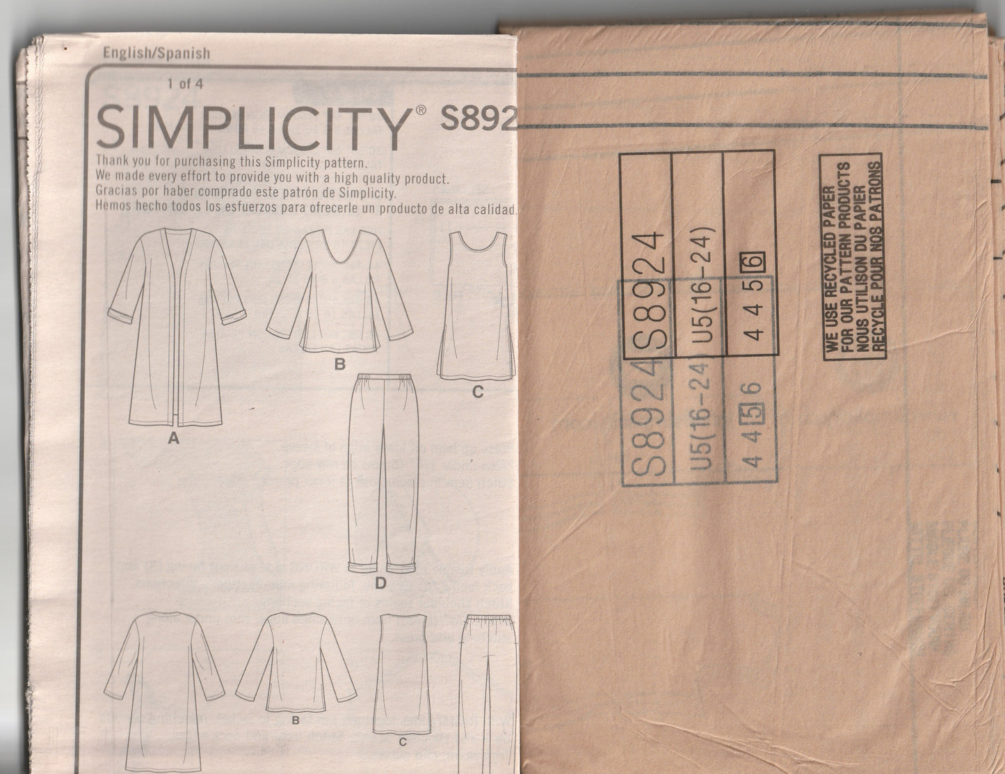 Simplicity 8924 EASY Womens Jacket Top Tunic & Pants Paper Sewing Pattern Size 16 - 24 UNCUT Factory Folded