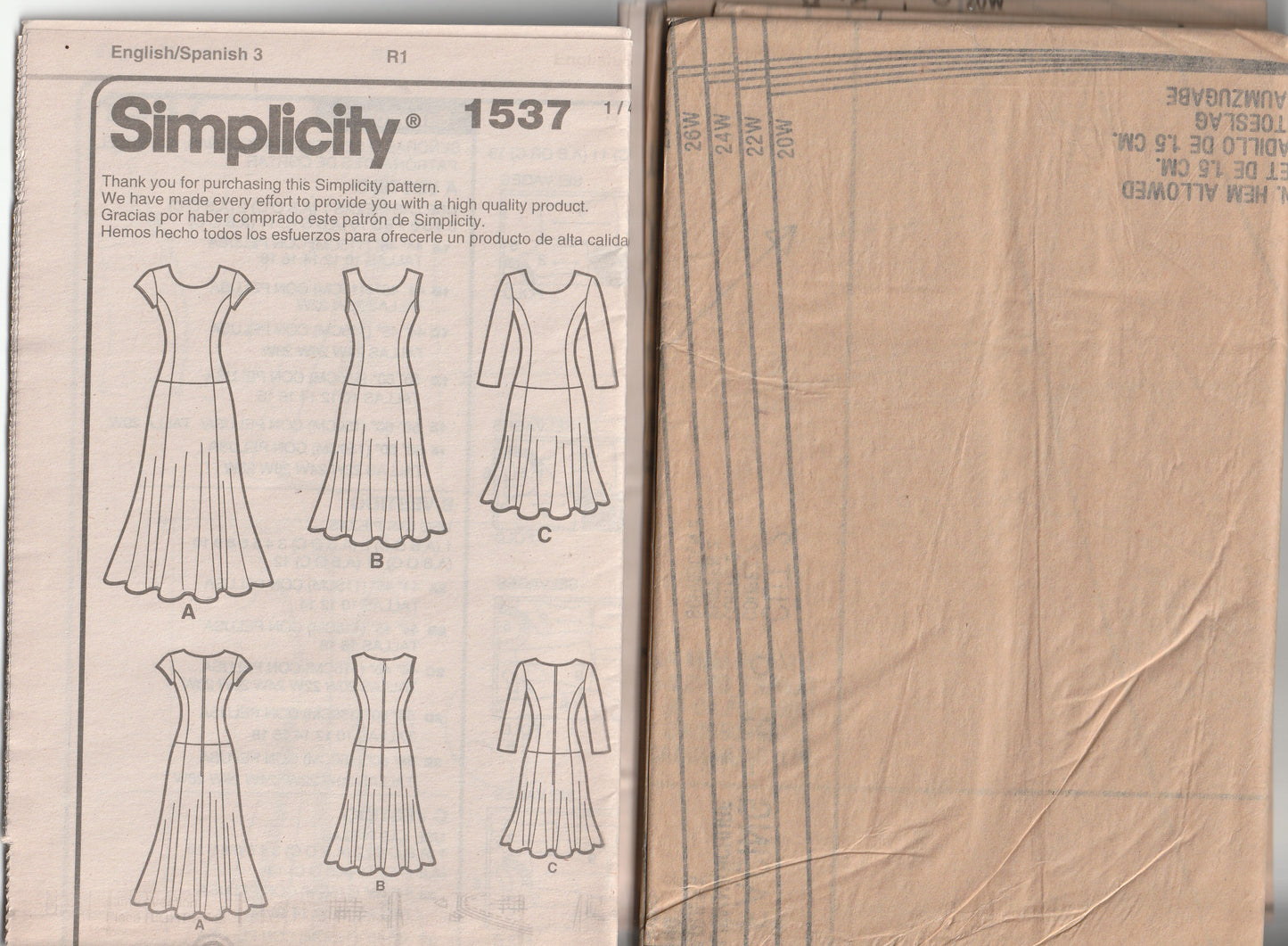 Simplicity 1537 AMAZING FIT Womens Dropped Waist Princess Seamed Dress Paper Sewing Pattern Sizes 20W - 28W UNCUT Factory Folded