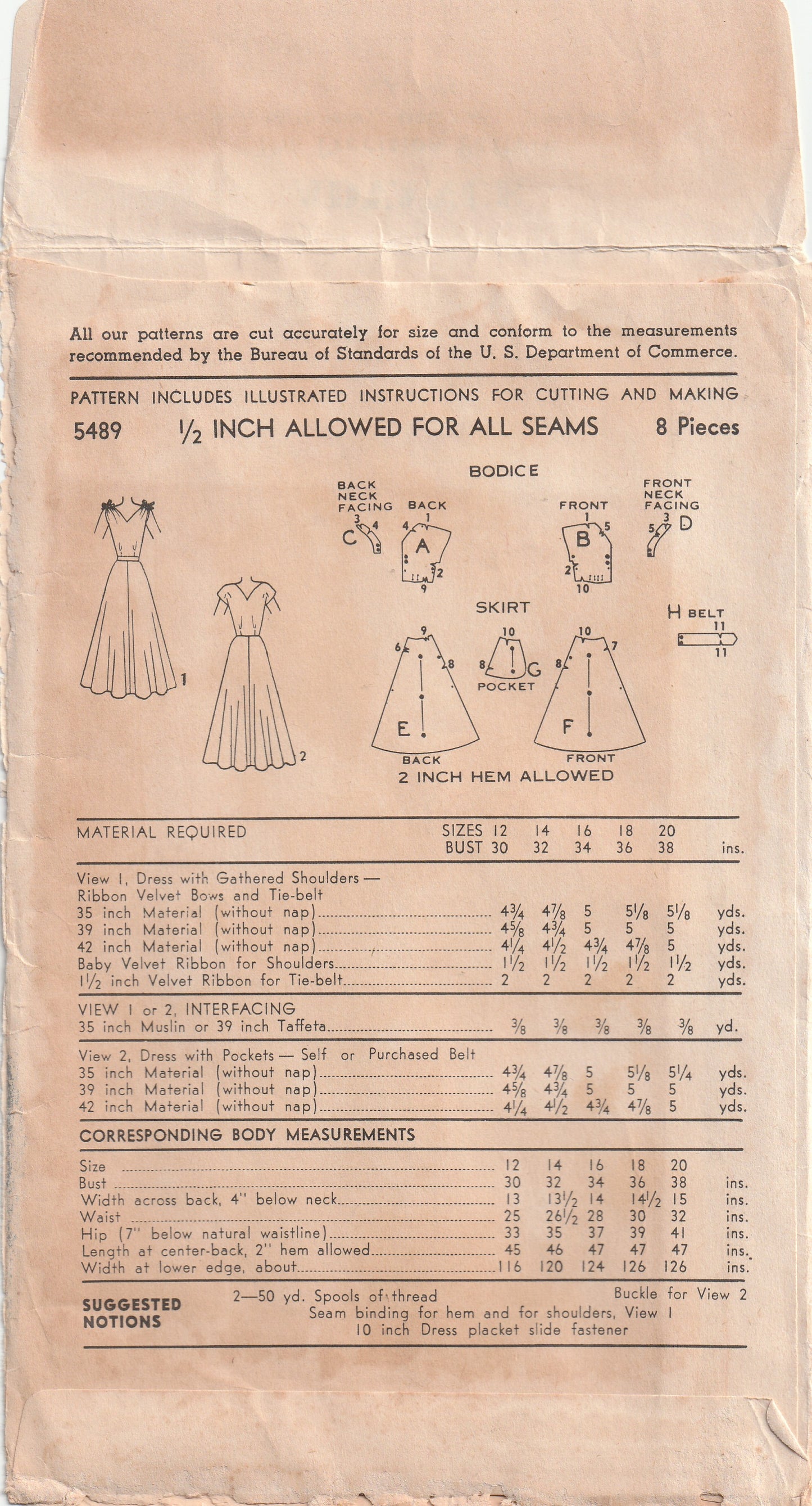 Advance 5489 RARE Womens Gathered Shoulder Full Skirt Dress with Pockets 1950s Vintage Paper Sewing Pattern Size 20 Bust 38 inches