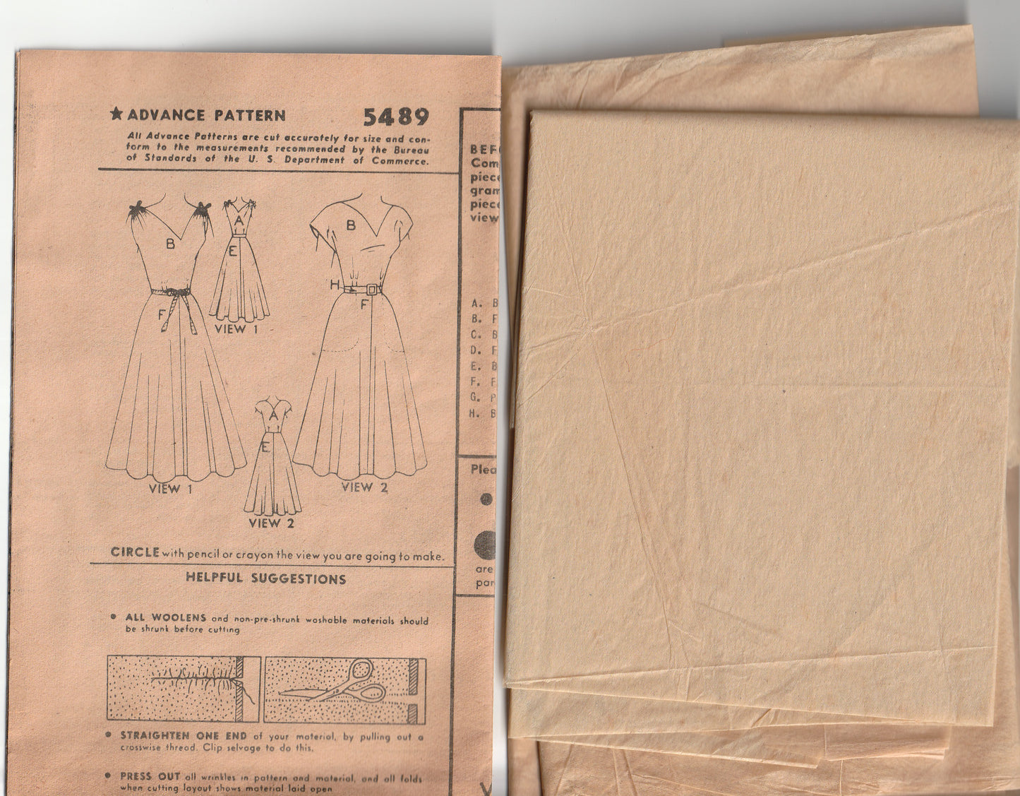 Advance 5489 RARE Womens Gathered Shoulder Full Skirt Dress with Pockets 1950s Vintage Paper Sewing Pattern Size 20 Bust 38 inches