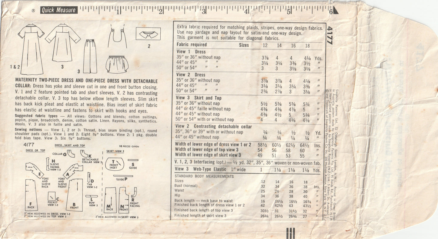 Simplicity 4177 Maternity Dress Top & Skirt 1960s Vintage Paper Sewing Pattern Size 16 Bust 36 inches