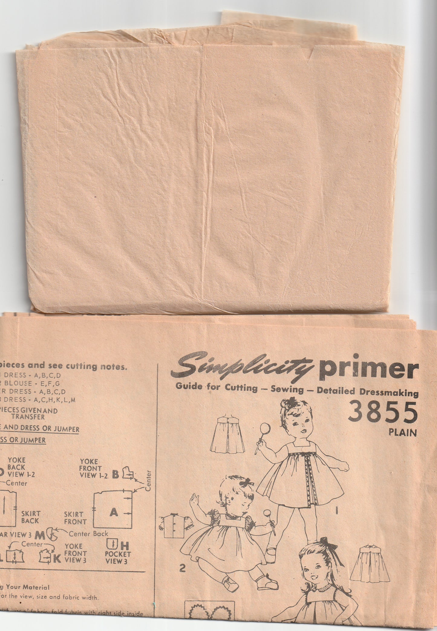 Simplicity 3855 Toddler Girls Yoked Mini Smock Dress Jumper & Blouse 1960s Vintage Paper Sewing Pattern Size 2