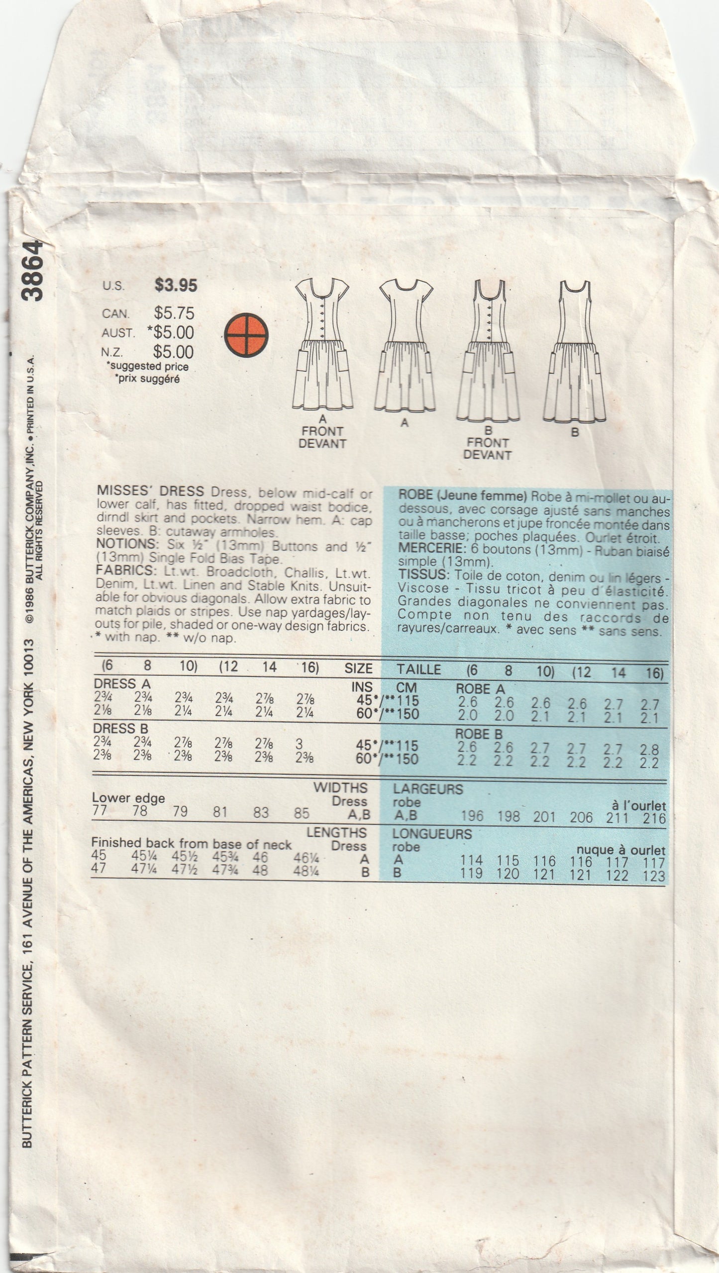 Butterick 3864 Womens EASY Pullover Dropped Waist Sundress 1980s Vintage Paper Sewing Pattern Size 12 - 16