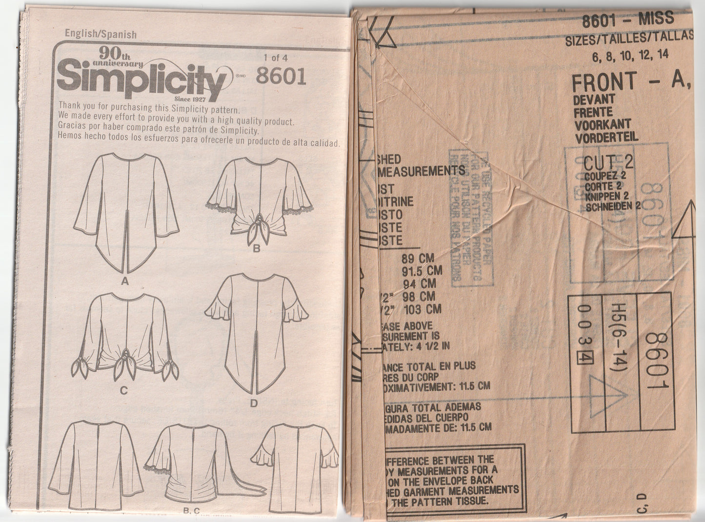 Simplicity 8601 Womens EASY Waist Tied Pullover Tops Out Of Print Paper Sewing Pattern Size 6 - 14 UNCUT Factory Folded