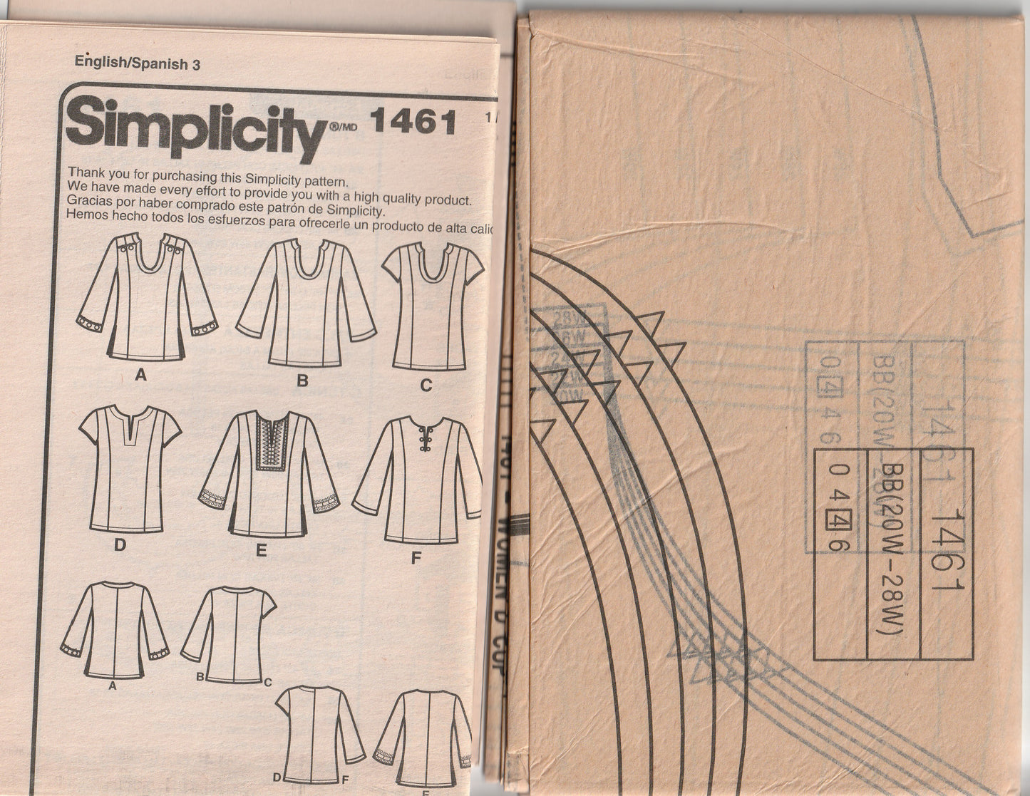 Simplicity 1461 Womens Pullover Tunic Tops Out Of Print Paper Sewing Pattern Size 20W - 28W UNCUT Factory Folded