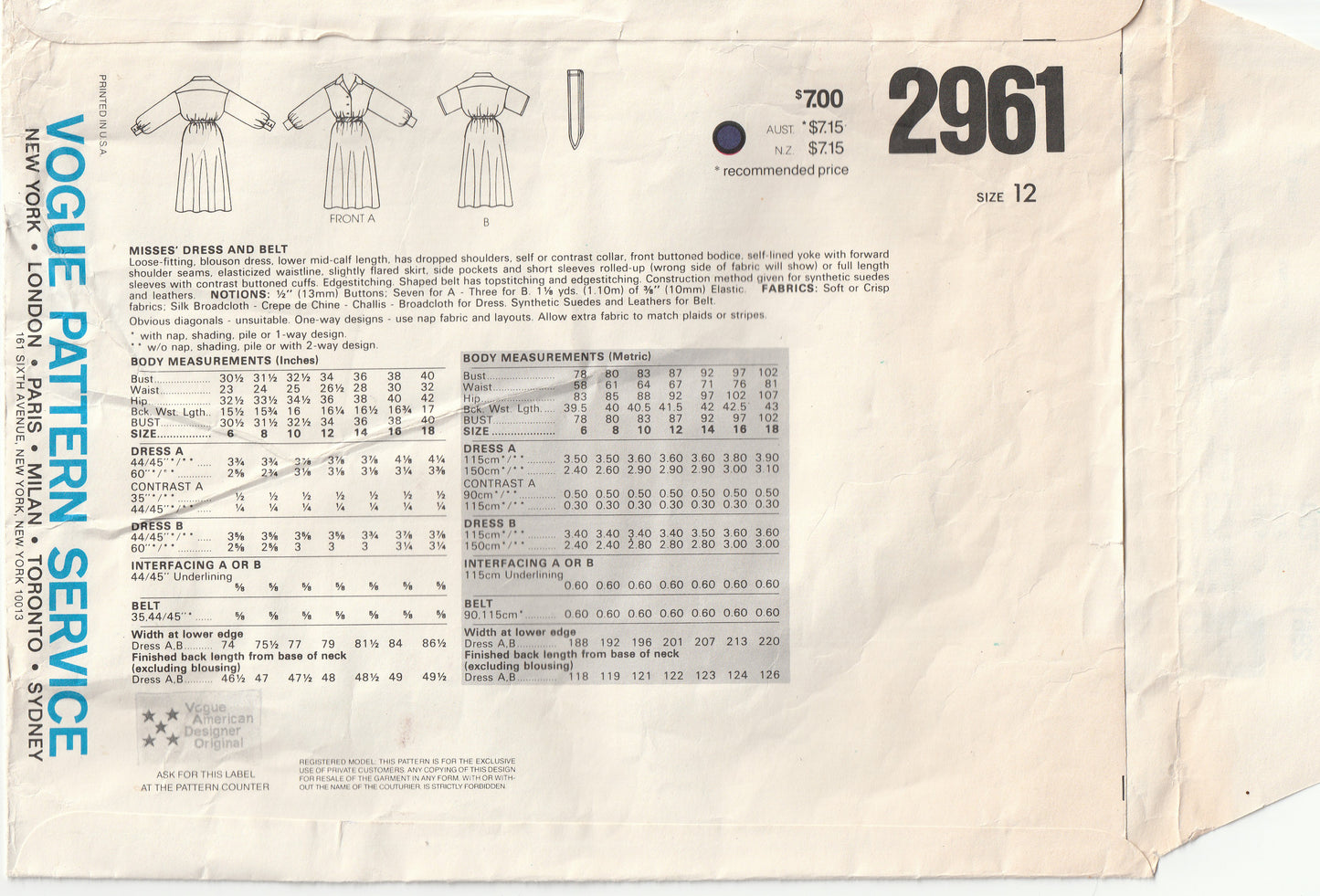 Vogue American Designer 2961 BILL BLASS Womens Blouson Shirtdress & Belt 1980s Vintage Paper Sewing Pattern Size 12 Bust 34 inches