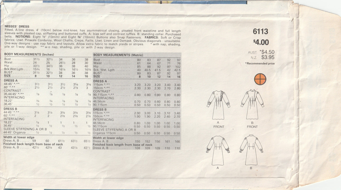 Butterick 6113 KATHRYN CONOVER Womens Asymmetric Dress with Optional Ruffle Trim & Barrel Cuffs 1980s Vintage Paper Sewing Pattern Size 12 Bust 34 Inches
