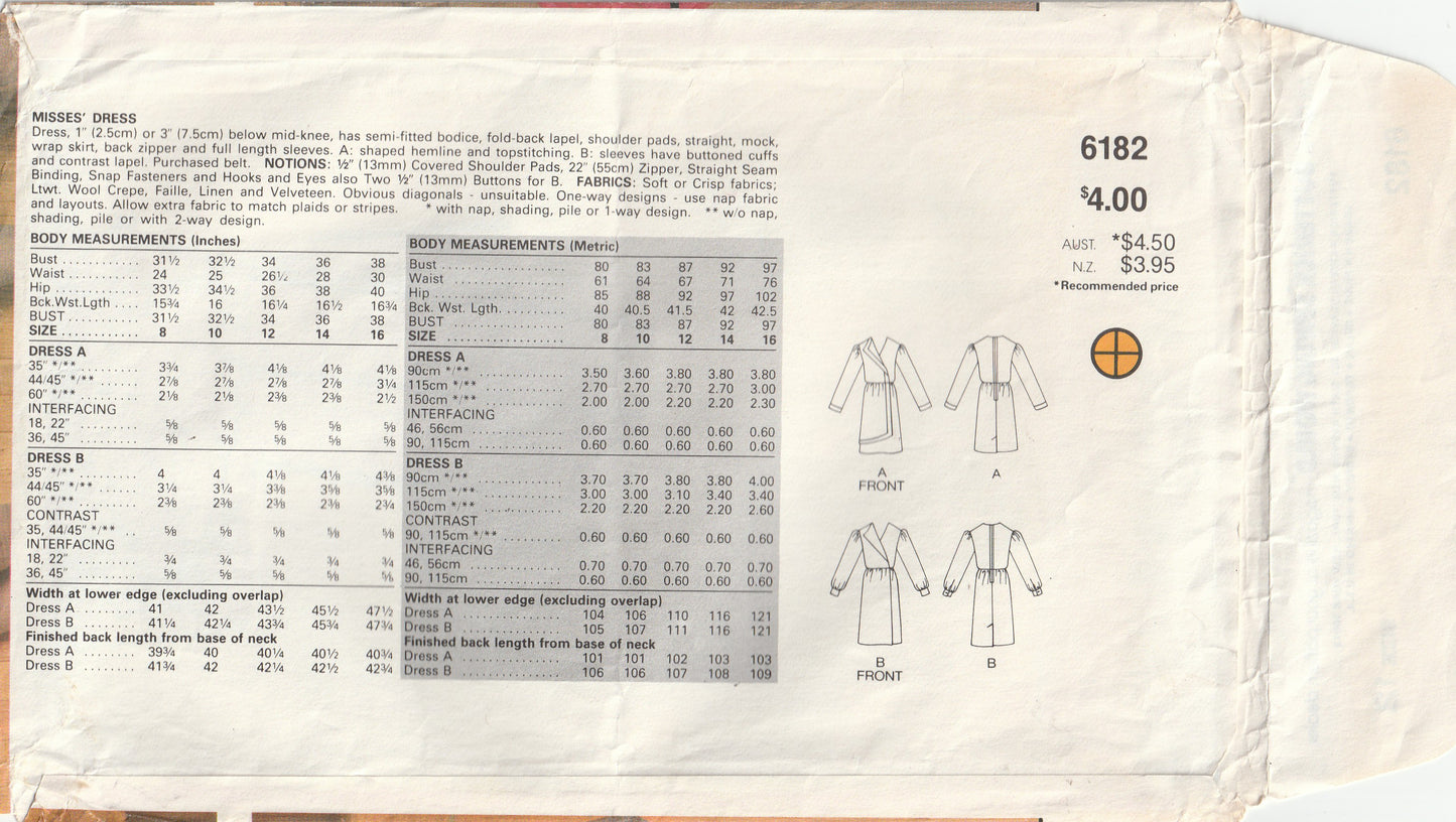 Butterick 6182 DAVID WARREN Womens Asymmetric Dress with Mock Wrap Skirt 1980s Vintage Paper Sewing Pattern Size 12 Bust 34 Inches