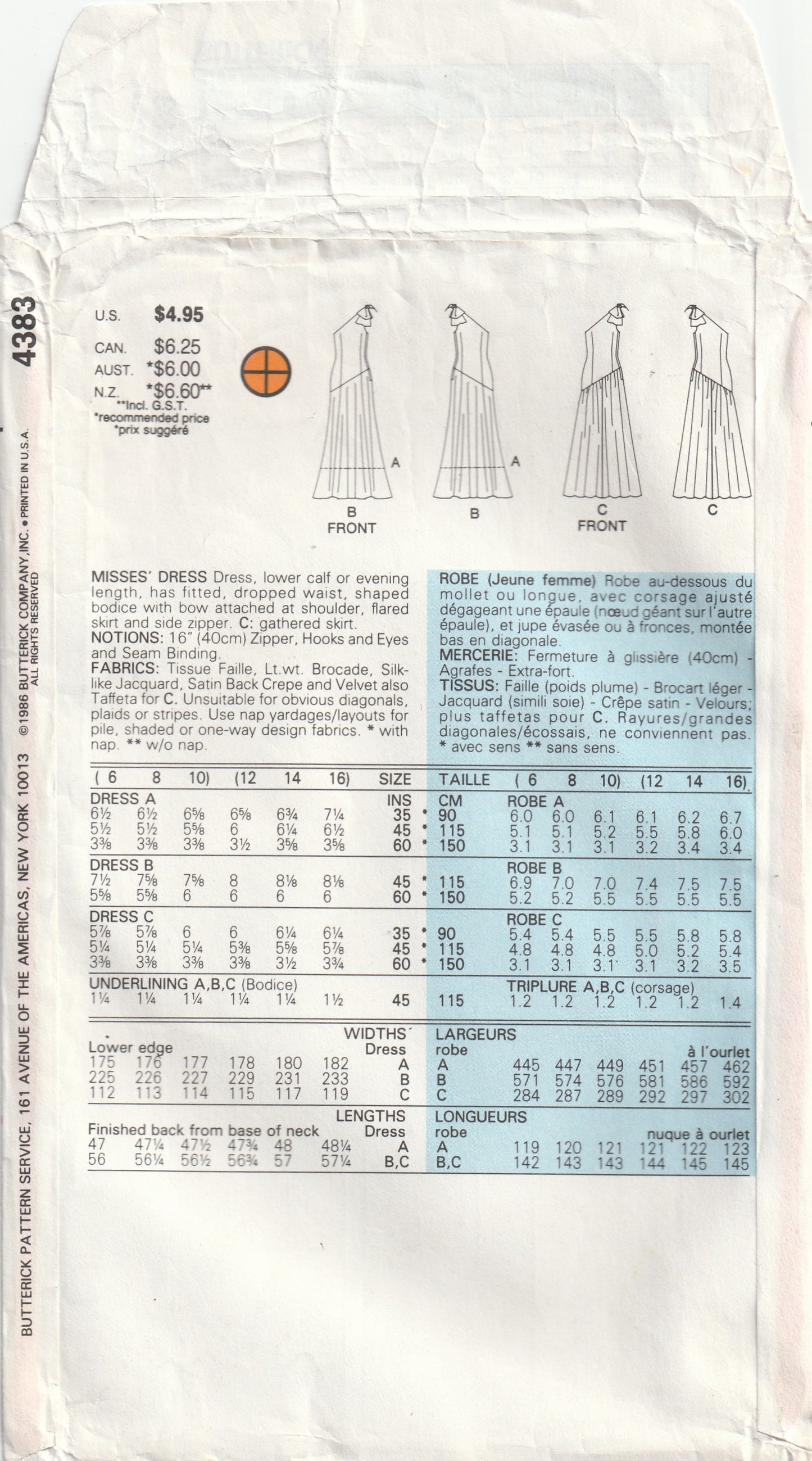 Butterick 4383 Womens Evening One Shoulder Dress with Asymmetric Dropped Waist 1980s Vintage Paper Sewing Pattern Size 12 - 16