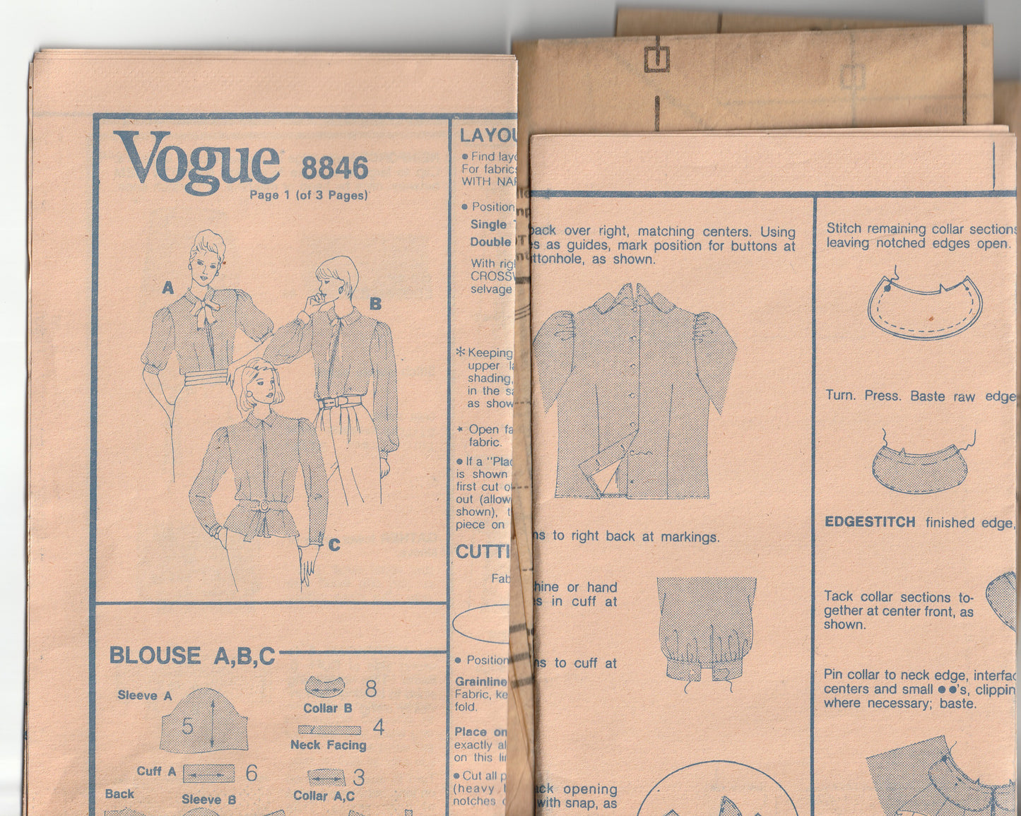 Vogue 8846 Womens Back Buttoned Blouse with Pleats in Bodice & Sleeves 1980s Vintage Paper Sewing Pattern Size 12 Bust 34 inches