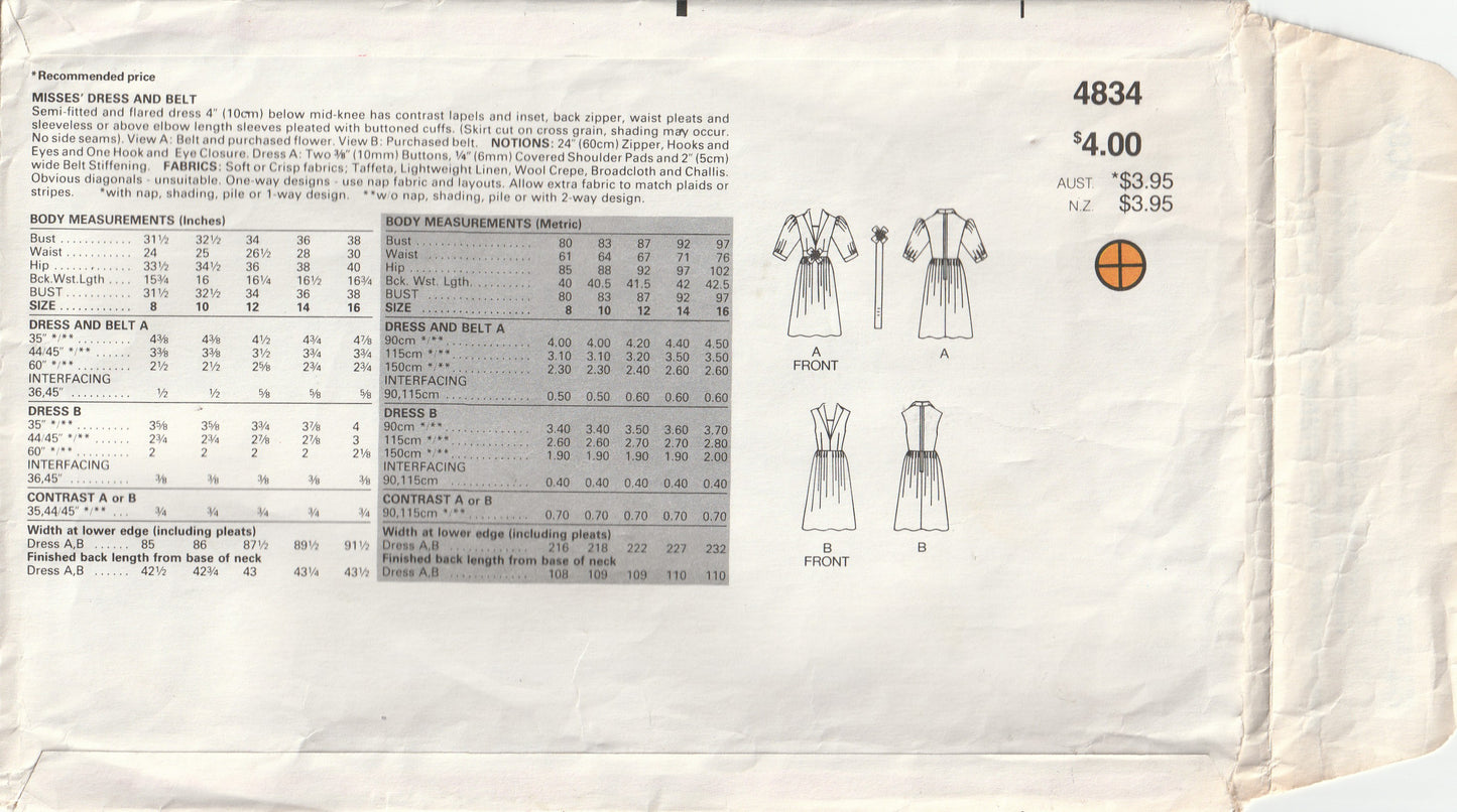 Butterick 4834 RICHARD WARREN Womens Full Skirt Dress with Bodice Contrast 1980s Vintage Paper Sewing Pattern Size 12 Bust 34 Inches