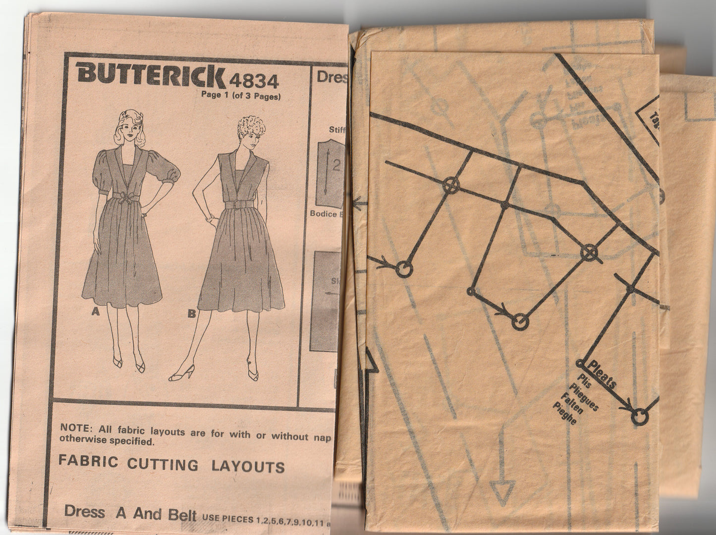 Butterick 4834 RICHARD WARREN Womens Full Skirt Dress with Bodice Contrast 1980s Vintage Paper Sewing Pattern Size 12 Bust 34 Inches