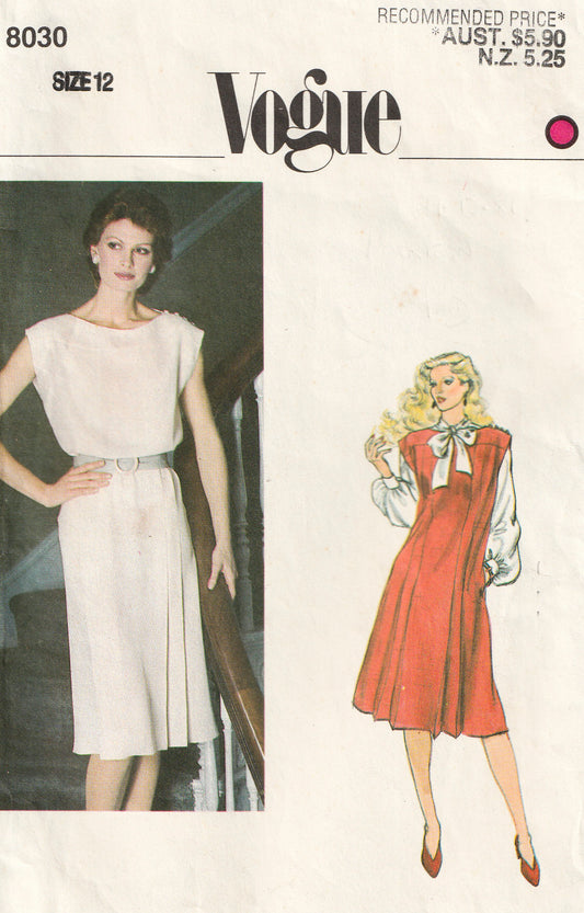 Vogue 8030 Womens Yoked Side Pleated Dress or Jumper 1980s Vintage Paper Sewing Pattern Size 12 Bust 34 inches